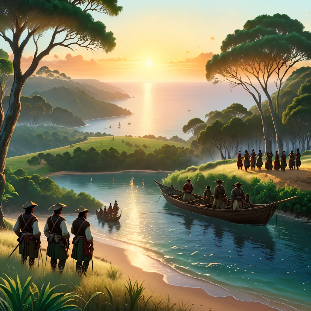 Austrália em 1788 durante a primeira reunião de colonização, com indígenas australianos interagindo com colonos britânicos. Capture a cena com máxima qualidade e estilo realista, destacando litorais e baías em uma paisagem altamente detalhada. A iluminação deve ser suave e natural, refletindo o sol do amanhecer na água. Use resolução 4K para garantir nitidez, com um lindo efeito bokeh que desfoca sutilmente o fundo para focar a atenção nos personagens e detalhes em primeiro plano. Adicione texturas detalhadas à vegetação e à água, bem como expressões faciais e roupas autênticas para ambos os grupos, criando uma atmosfera envolvente e autêntica deste momento histórico.