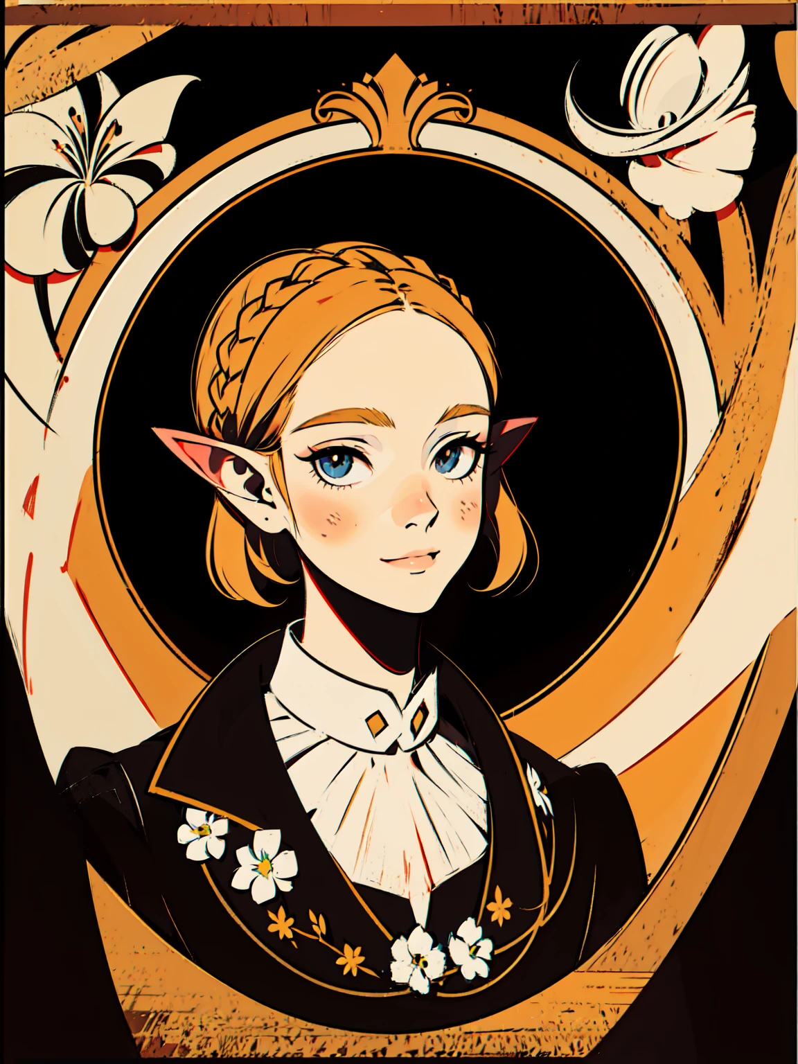 Princess Zelda, Flower pattern on eyes, Pupil shape, portrait with an enigmatic smile, masterpiece, best quality, looking up
