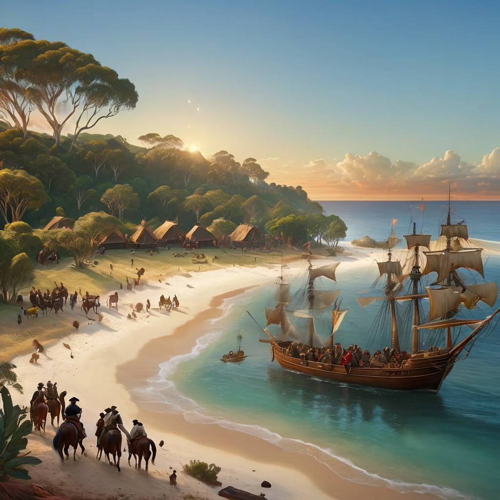 Australia in 1788 during the first colonization meeting, with indigenous Australians interacting with British settlers. Capture the scene with maximum quality and realistic style, highlighting coastlines and bays in a highly detailed landscape. Lighting should be soft and natural, reflecting the dawn sun on the water. Use 4K resolution to ensure sharpness, with a beautiful bokeh effect that subtly blurs the background to focus attention on the characters and details in the foreground. Add detailed textures to vegetation and water, as well as authentic facial expressions and clothing for both groups, creating an immersive and authentic atmosphere of this historical moment.