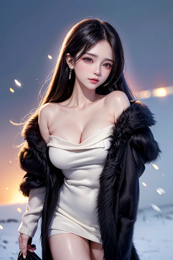 ((masterpiece:1.5、8k、Tabletop、Photorealistic and very detailed CG、Very detailed、Particle Effects、Dynamic Effects、Shallow depth of field、Cinematic Light、Lens flare、Ray Tracing、Tabletop、Realistic:1.4、Ultra-high resolution:1.2、Realistic、Realistic))((alone、,A woman wearing a black fur coat over an off-the-shoulder sweater:1.4、Elegant woman posing、Detailed face、brightexpression、young, bright, Whiter skin、medium breasts、Beautiful cleavage、Best Looks、ASİAN、Ultimate beauty、White hair with shiny highlights、bright and shiny hair,、Super long, Silky straight hair、Hair dancing in the wind))(morning、The setting is outdoors in the snow、Crystal of snow)
