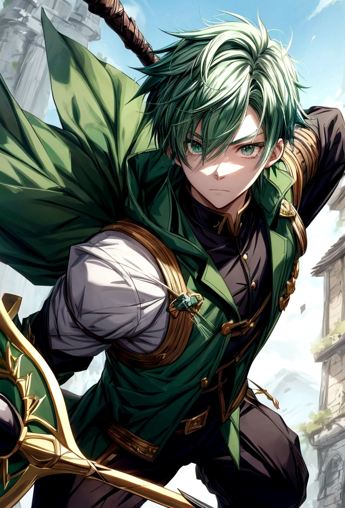 Un chico anime con cabello verde pino., pelo corto, Ojo cubierto de pelo, arco y flecha, outfit negro con detalles en blanco y dorado, Tema de juego de rol medieval
