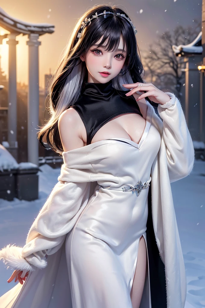 ((masterpiece:1.5、8k、Tabletop、Photorealistic and very detailed CG、Very detailed、Particle Effects、Dynamic Effects、Shallow depth of field、Cinematic Light、Lens flare、Ray Tracing、Tabletop、Realistic:1.4、Ultra-high resolution:1.2、Realistic、Realistic))((alone、,A woman wearing a black fur coat over an off-the-shoulder sweater:1.4、Elegant woman posing、Detailed face、brightexpression、young, bright, Whiter skin、medium breasts、Beautiful cleavage、Best Looks、ASİAN、Ultimate beauty、bright and shiny hair,、Super long, Silky straight hair、Hair dancing in the wind))(morning、The setting is outdoors in the snow、Crystal of snow)((White hair with shiny highlights))
