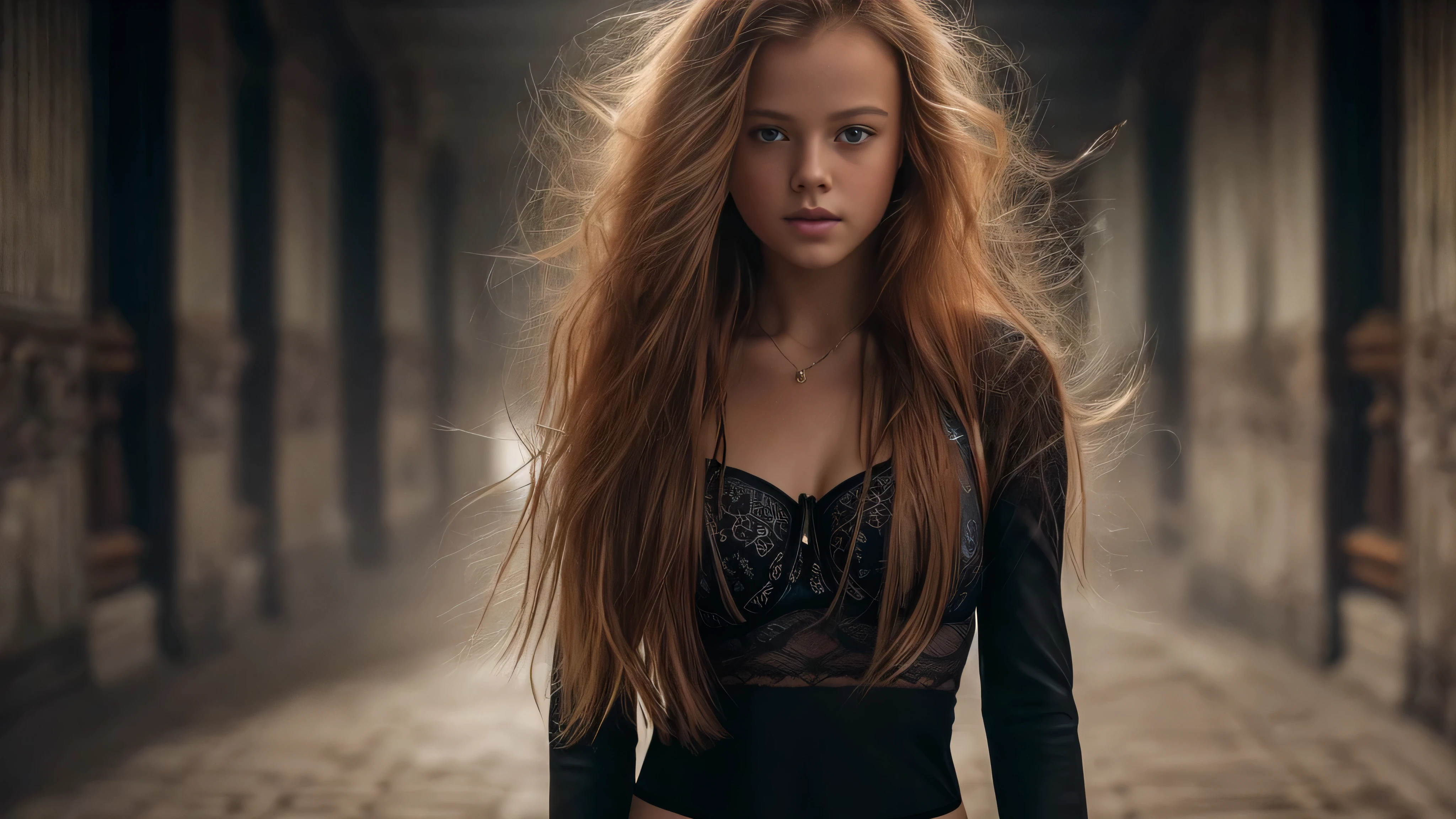 (Kristina Pimenova long ginger hair teen girl,13 years old with spread legs:1.6),  (sexy black bra and panties:1.8), (long, messy hair, hair floating in the wind:1.6), blue eyes, detailed eyes, detailed lips,(lies nude, sensual, full body:1.5), (photo different angles:1.5), (lies in a long dark corridor in castle lit by the moon:1.5), (dark mood, creepy, mist, dust,fog:1.5) low neck, ray tracing, (best quality, 4k, 8k, high resolution, masterpiece:1.2), very detailed, (realistic , photorealistic, photorealistic :1.37), HDR, UHD, masterpiece, professional, vivid colors, bokeh, studio lighting,nsfw