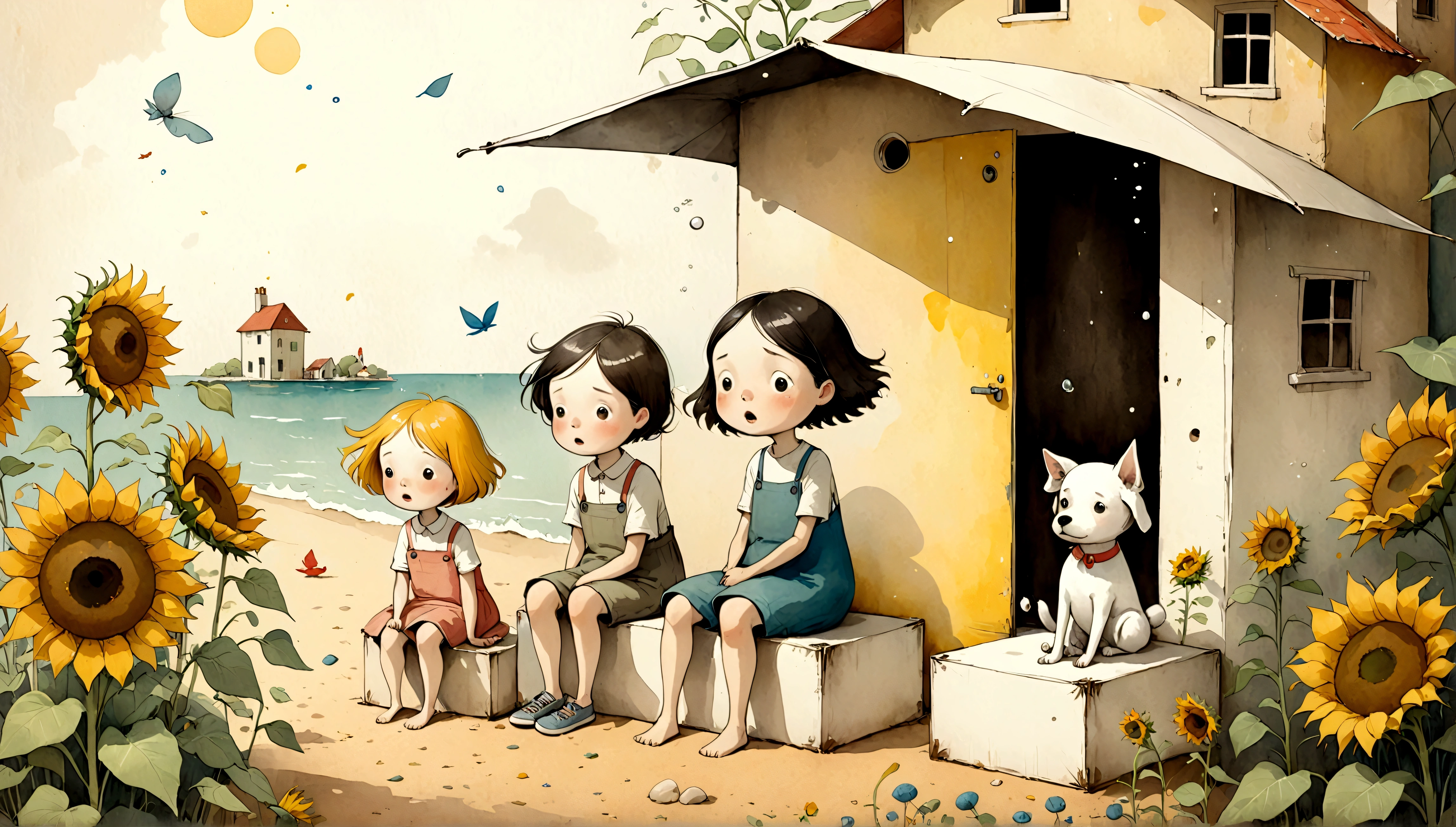 An illustration,Draw children with surprised expressions,Children with open mouths and disappointed expressions,Some children sat down in shock.,children are wearing summer clothes,(The background is the garden of a house),Morning glories and sunflowers are blooming,dog snuggles,BREAK,Children have floats in their hands,There are also cooler boxes and folded beach umbrellas.,BREAK,cute illustration,surreal,artwork,Expressively,This is an illustration that looks like a picture book illustration.,draw with thick lines,Please draw with a gentle touch,Draw with pencil and watercolors,Gabriel Pacheco Style page