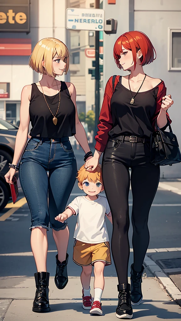 Dos mujeres sexys mirando a un niño de 4 años con cabello rubio y pantalones cortos., sonrisas coquetas, Las mujeres tienen el pelo rojo y peinados cortos., mujeres mirando a la cámara