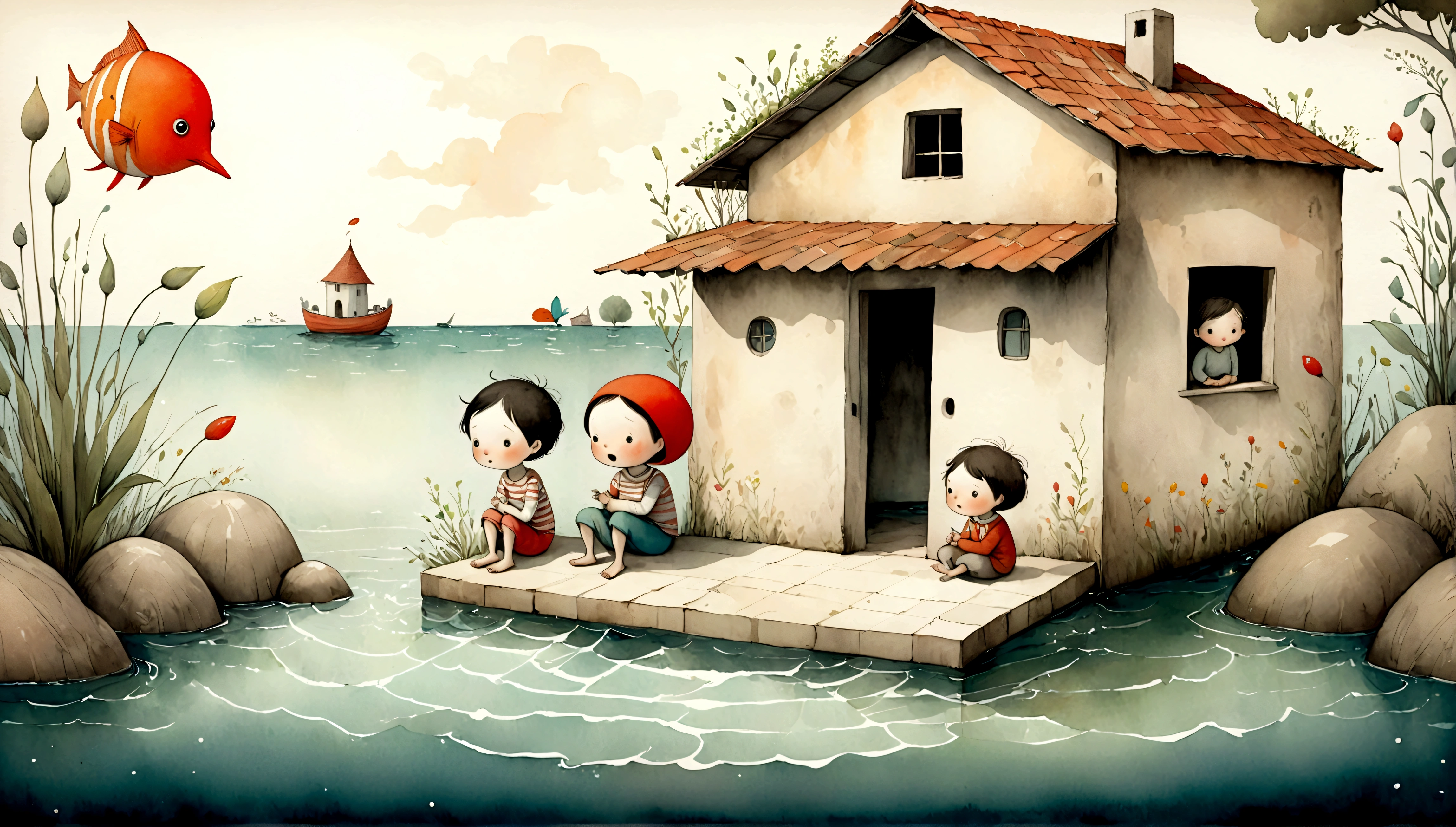 An illustration,Draw children with surprised expressions,This is a scene where we were fully prepared to play in the sea, but the event was canceled.,Children have floats in their hands,Children with open mouths and disappointed expressions,Some children sat down in shock.,children are wearing summer clothes,(The background is the garden of a house),cute illustration,surreal,artwork,Expressively,This is an illustration that looks like a picture book illustration.,draw with thick lines,Please draw with a gentle touch,Draw with pencil and watercolors,Gabriel Pacheco Style page