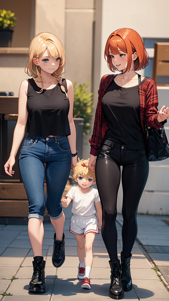 Zwei sexy Frauen schauen auf einen 4 Jahre alten Jungen mit blonden Haaren und Shorts herab, kokettes Lächeln, Frauen haben kastanienbraunes Haar