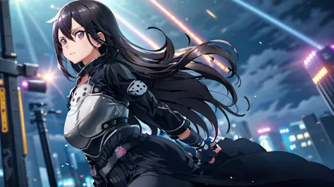 1 girl, cowboy shot, beautiful kirito_gmos, long hair, black hair, black eyes, on open air, kirito_suit, night,city , volumetric...