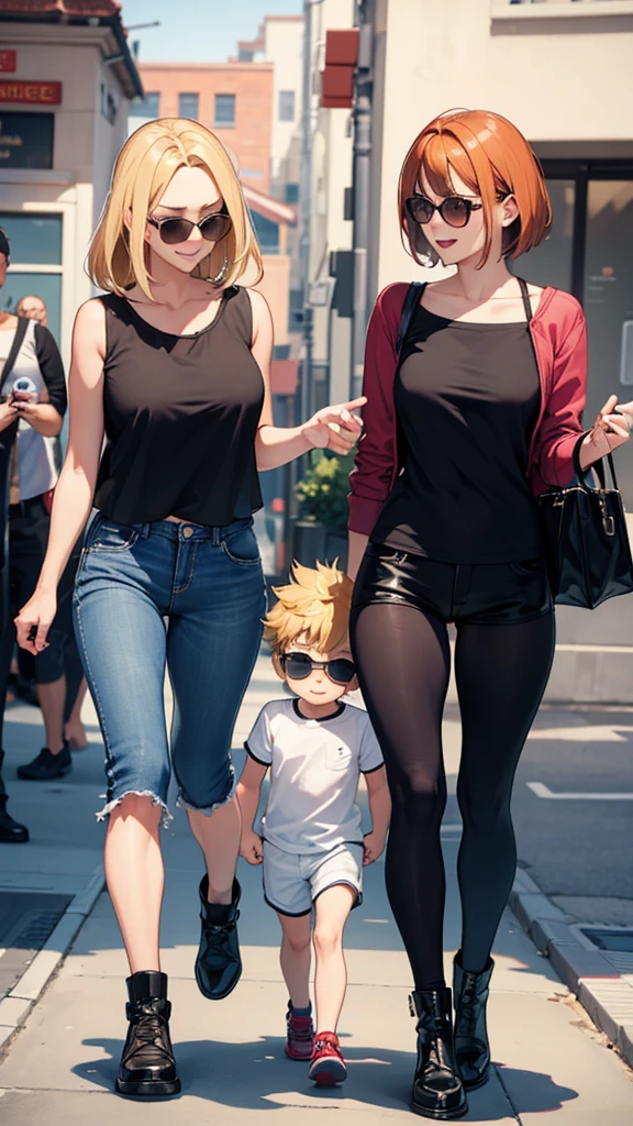 Zwei sexy Frauen schauen auf einen 4 Jahre alten Jungen mit blonden Haaren und Shorts herab, kokettes Lächeln, Frauen haben kastanienbraunes Haar, Junge hat Sonnenbrille