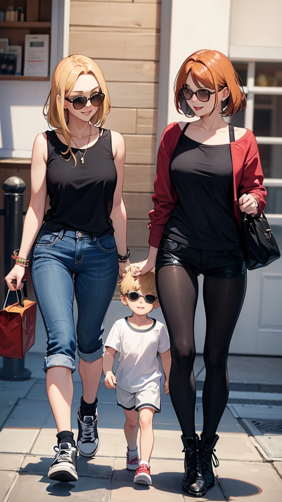 duas mulheres sexy olhando para um menino de 4 anos com cabelos loiros e shorts, sorrisos de paquera, mulheres têm cabelos ruivos, menino tem óculos de sol
