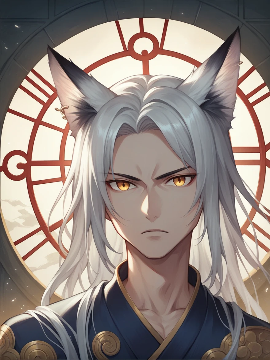 ((Best quality)), ((masterpiece)), (detailed), ((perfect face))、miyabi,a man, Long, flowing silver hair with delicate strands.
Sharp, piercing golden eyes. Fox ears on top of his head.
Serious and slightly mysterious.Pale and smooth.
Wears a robe that is slightly open at the chest, revealing part of his well-defined upper body.
The character exudes a sense of elegance and strength, with a calm and enigmatic aura. The lighting emphasizes his facial features and hair texture, creating a soft, almost ethereal glow.、In an ancient temple, Meditating, Dusk, Symmetrical, Close-up, Dim and mystical, Character's hands, Stone-like, Spiritual, anime style, attractive anime, pixiv fan art