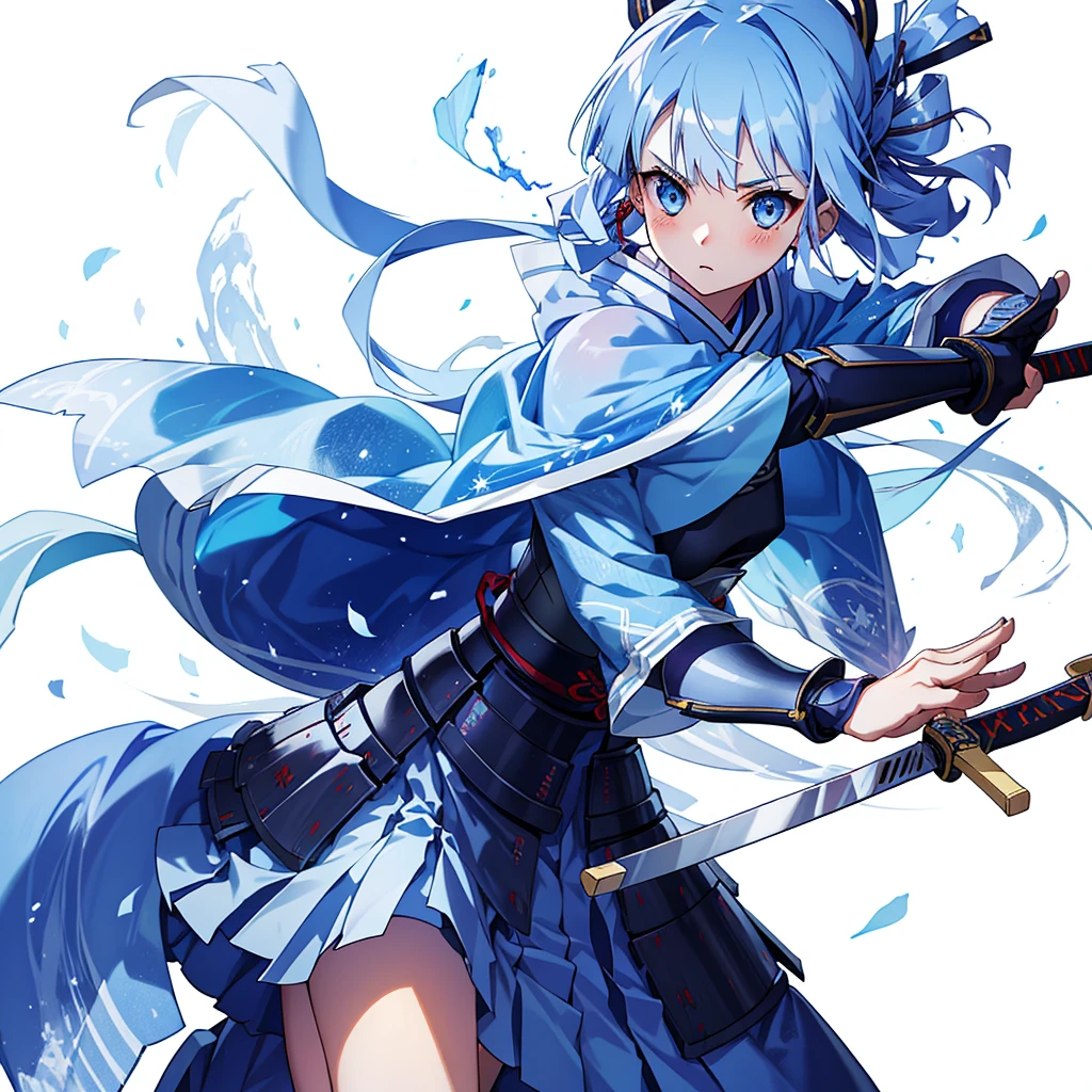 View the viewer, 1 Girl,  Highest quality, Blue Hair, blue eyes, Japanese style armor, Sword in hand, electricity, kamisato ayaka, whole body, blush, Serious face、Very detailed、high resolution、High resolution、Written boundary depth,White Background,A sword as big as your body