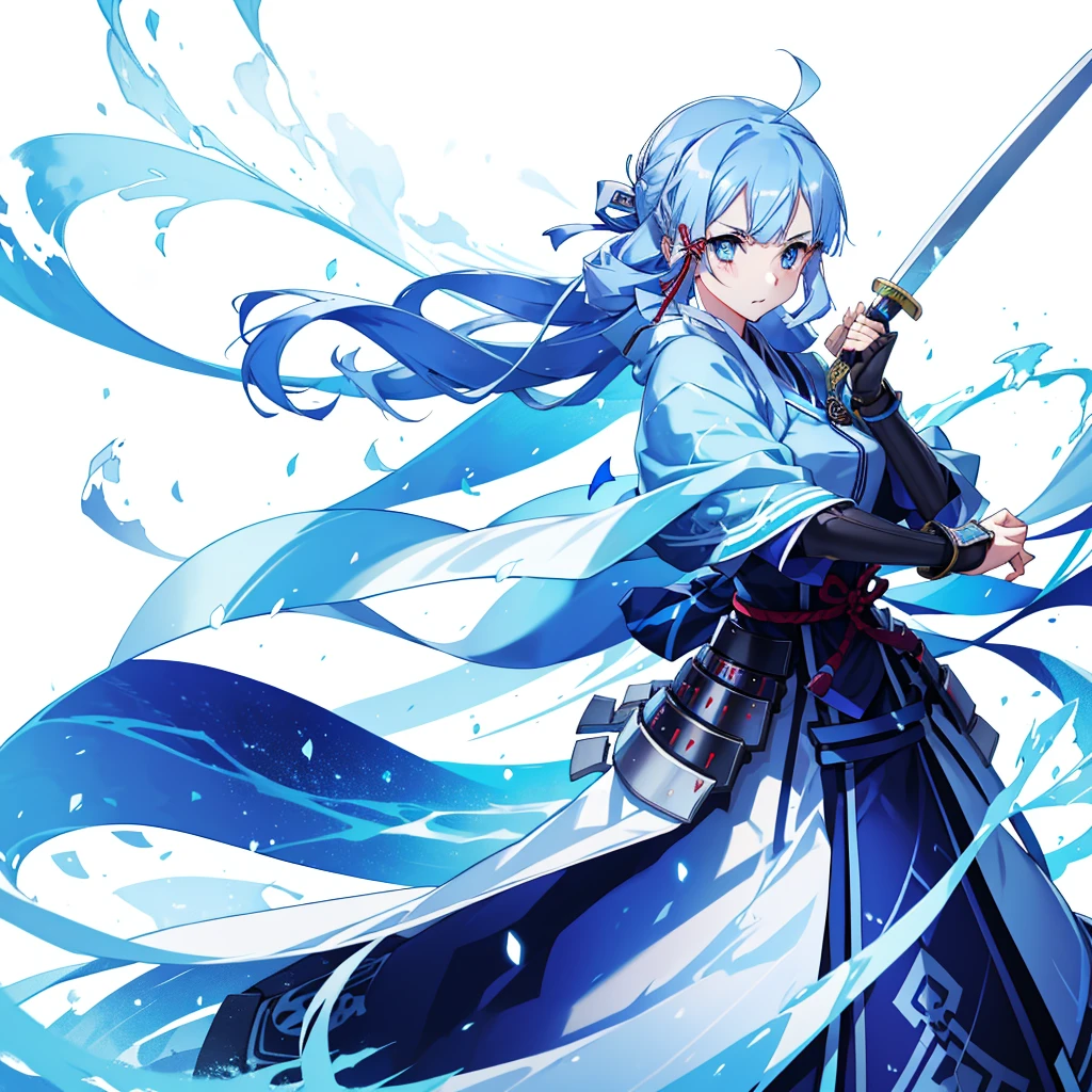 View the viewer, 1 Girl,  Highest quality, Blue Hair, blue eyes, Japanese style armor, Sword in hand, electricity, kamisato ayaka, whole body, blush, Serious face、Very detailed、high resolution、High resolution、Written boundary depth,White Background,A sword as big as your body