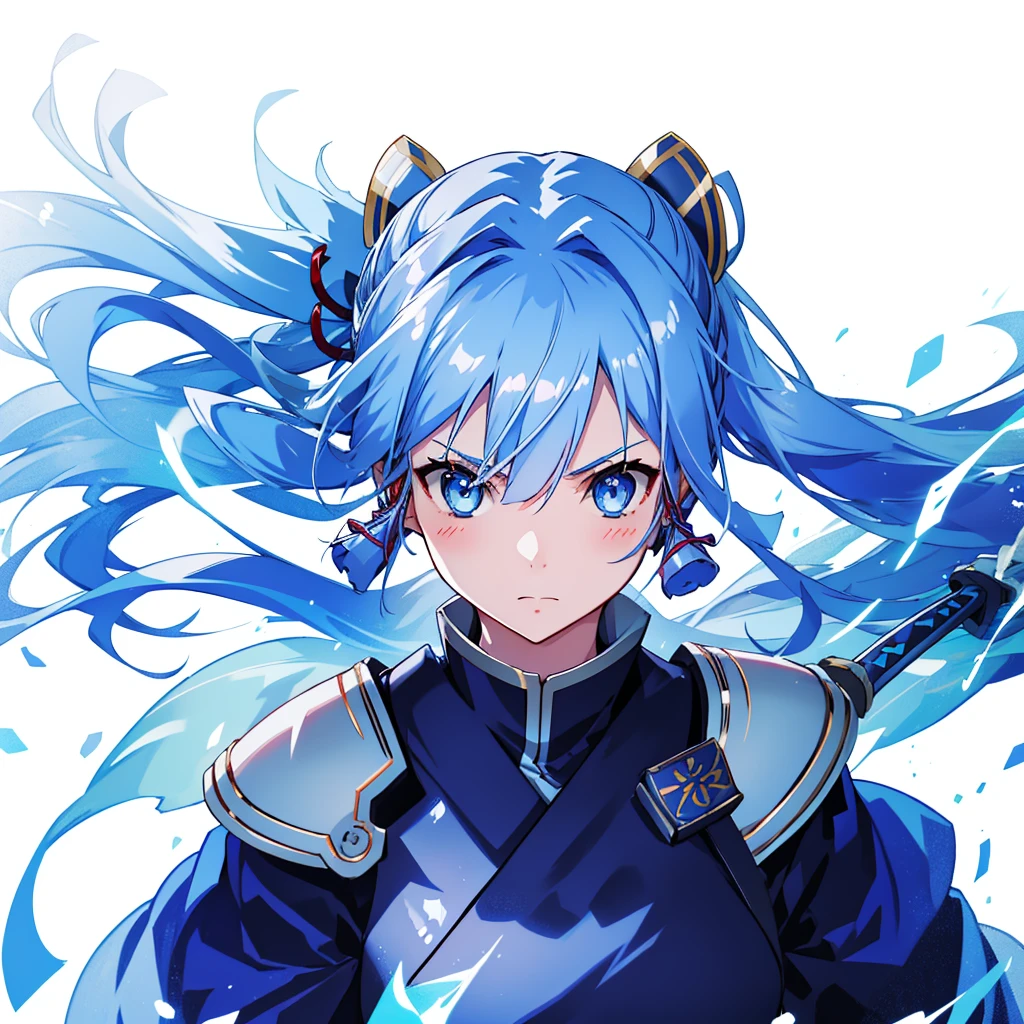 View the viewer, 1 Girl,  Highest quality, Blue Hair, blue eyes, Japanese style armor, Sword in hand, electricity, kamisato ayaka, whole body, blush, Serious face、Very detailed、high resolution、High resolution、Written boundary depth,White Background,A sword as big as your body