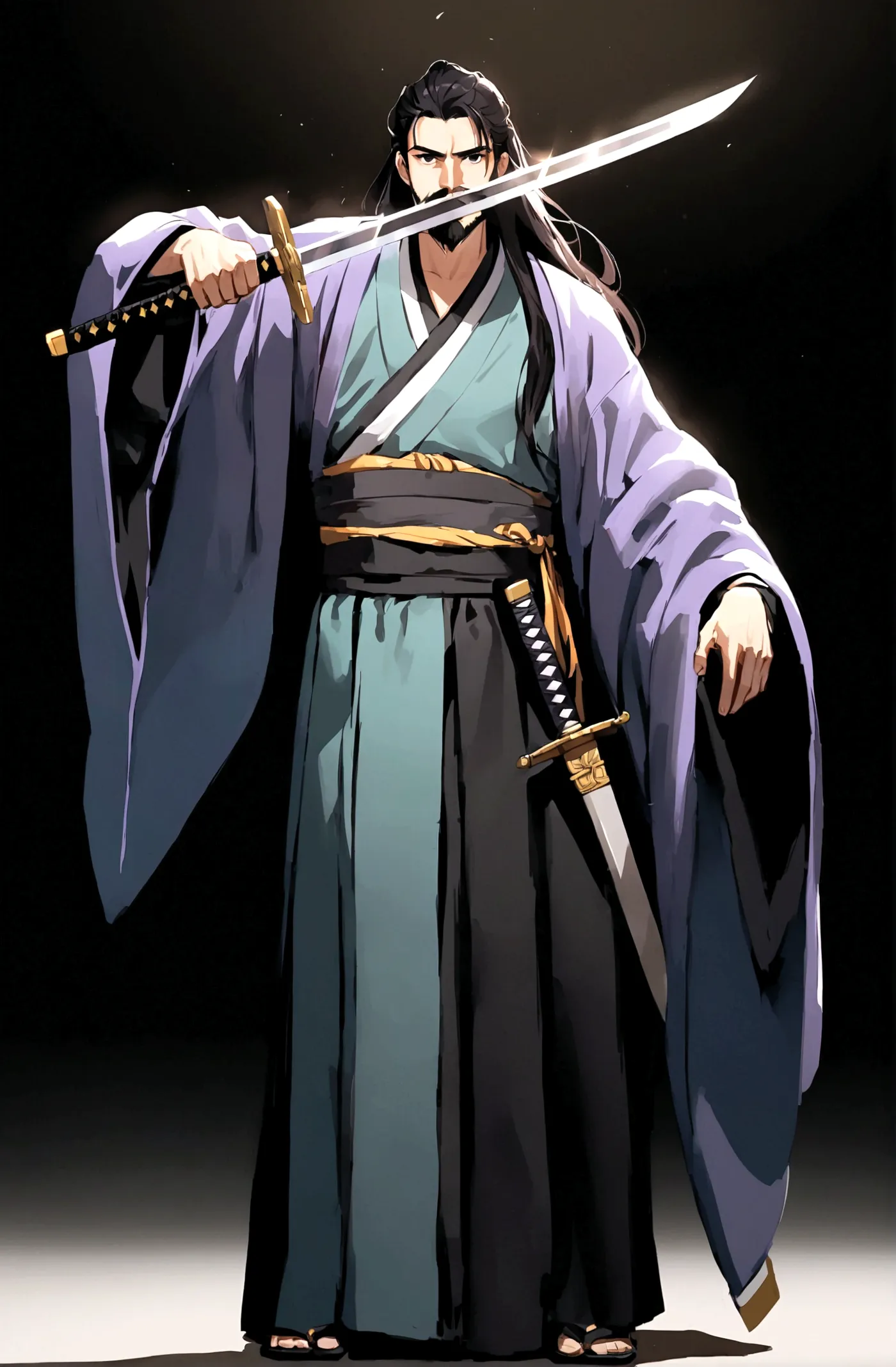 solo, looking at viewer, simple background, black hair, long hair,1boy, holding, standing, full body, weapon, male focus, hanfu,...