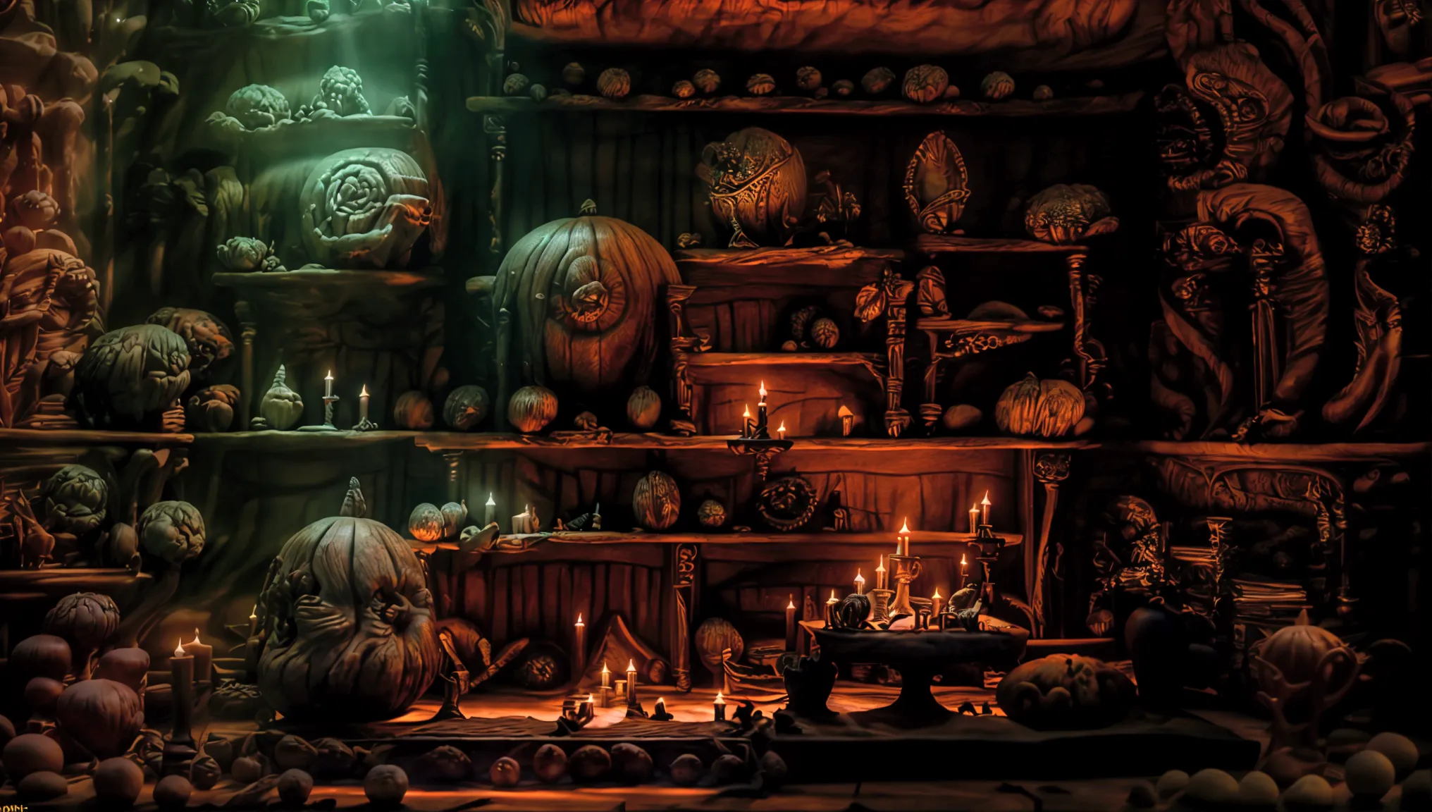 A fantasy library interior, intricate ornate bookshelves, ancient tomes, glowing magic orbs, candles, dramatic lighting, moody a...