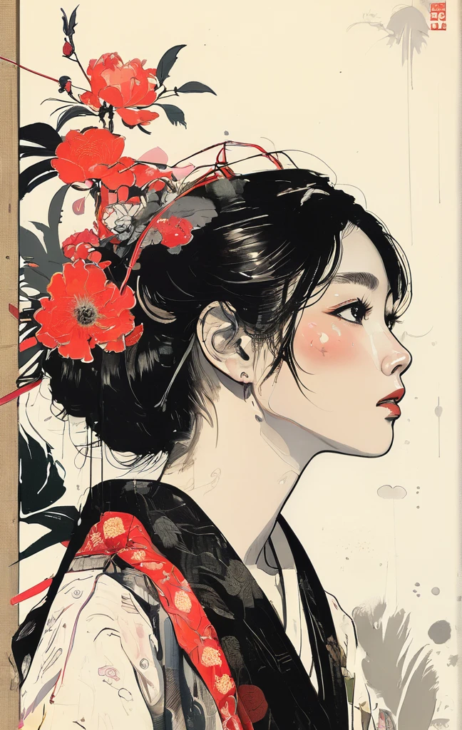 Sur un campus NOIR lumineux"Oui"personnage、Créer des œuvres d&#39;art numériques dans le pop art, Mettant en vedette une jeune fille asiatique brillante et confiante，mode de rue, Schéma de couleurs du film, Entouré de motifs floraux vintage, Coups de pinceau brillants,Les émotions doivent être dynamiques, haut du corps, dessin, illustration, niveaux de gris, Tropical, Beaucoup de fleurs,