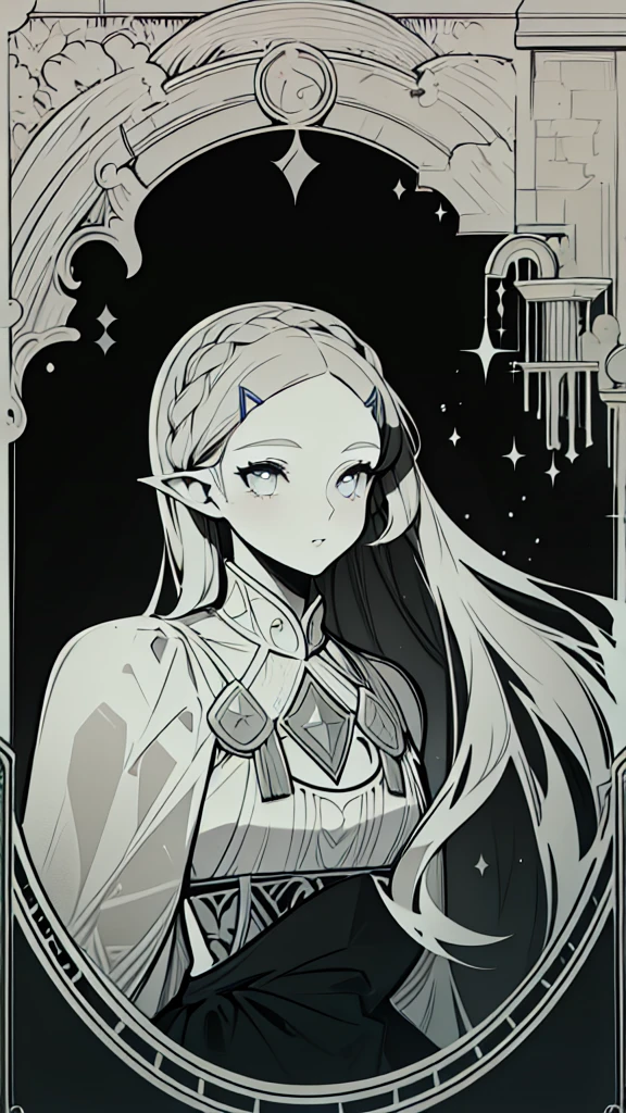 (portrait),a beautiful princess zelda, detailed intricate dress, detailed face, detailed eyes, detailed lips, long flowing hair, serene expression, (background) in a magnificent castle interior