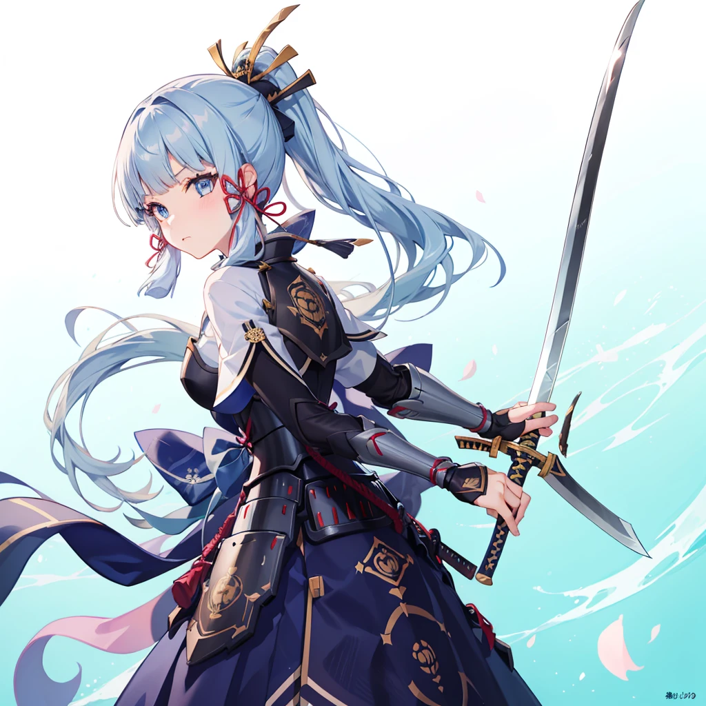 View the viewer, 1 Girl,  Highest quality, Blue Hair, blue eyes, Japanese style armor, Sword in hand, electricity, kamisato ayaka, whole body, blush, Serious face、Very detailed、high resolution、High resolution、Written boundary depth,White Background,A sword as big as your body