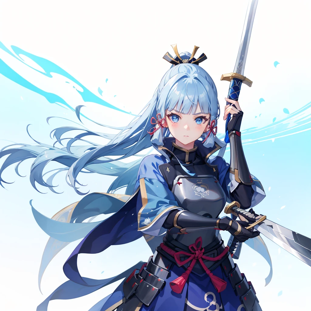 View the viewer, 1 Girl,  Highest quality, Blue Hair, blue eyes, Japanese style armor, Sword in hand, electricity, kamisato ayaka, whole body, blush, Serious face、Very detailed、high resolution、High resolution、Written boundary depth,White Background,A sword as big as your body