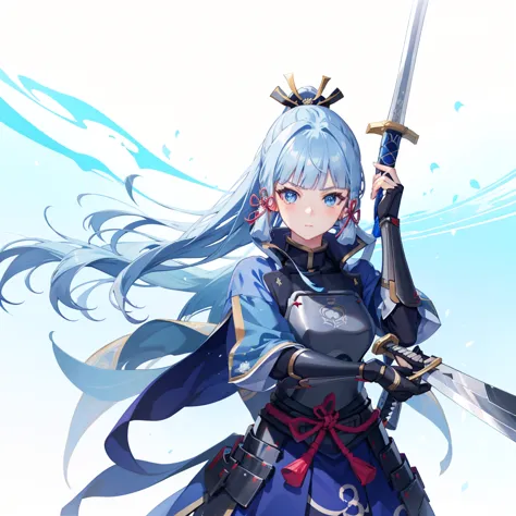 view the viewer, 1 girl,  highest quality, blue hair, blue eyes, japanese style armor, sword in hand, electricity, kamisato ayak...