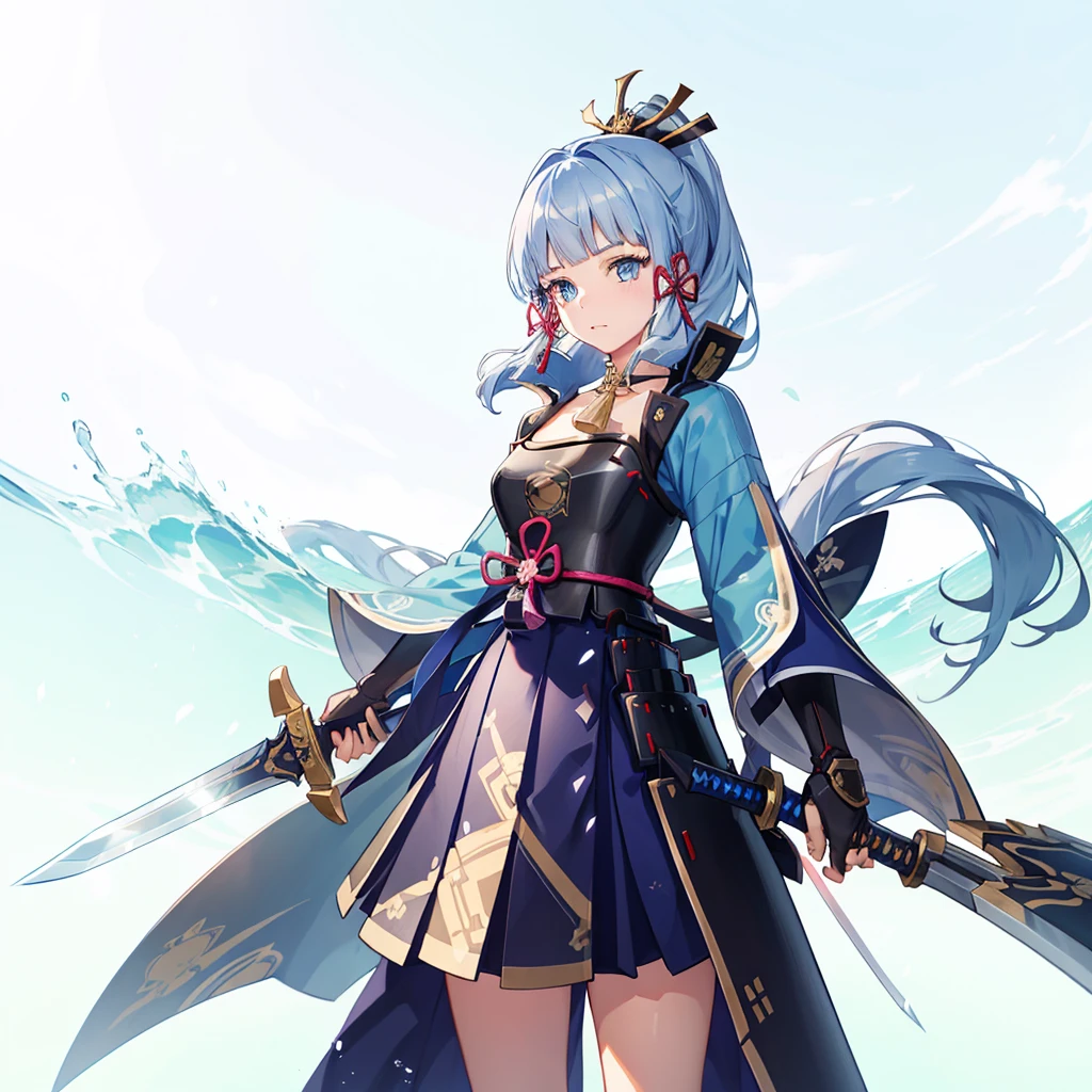 View the viewer, 1 Girl,  Highest quality, Blue Hair, blue eyes, Japanese style armor, Sword in hand, electricity, kamisato ayaka, whole body, blush, Serious face、Very detailed、high resolution、High resolution、Written boundary depth,White Background,A sword as big as your body