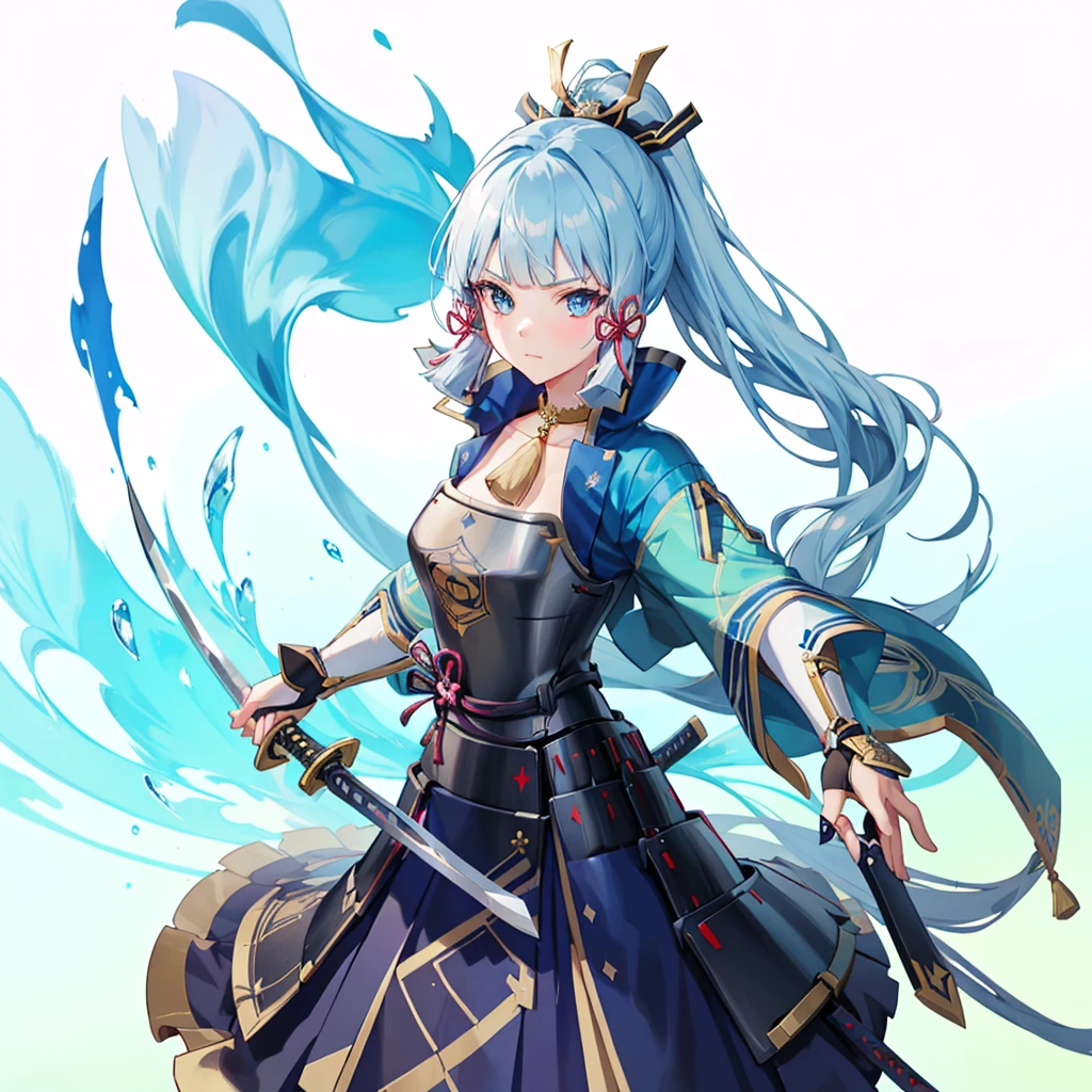 View the viewer, 1 Girl,  Highest quality, Blue Hair, blue eyes, Japanese style armor, Sword in hand, electricity, kamisato ayaka, whole body, blush, Serious face、Very detailed、high resolution、High resolution、Written boundary depth,White Background,A sword as big as your body