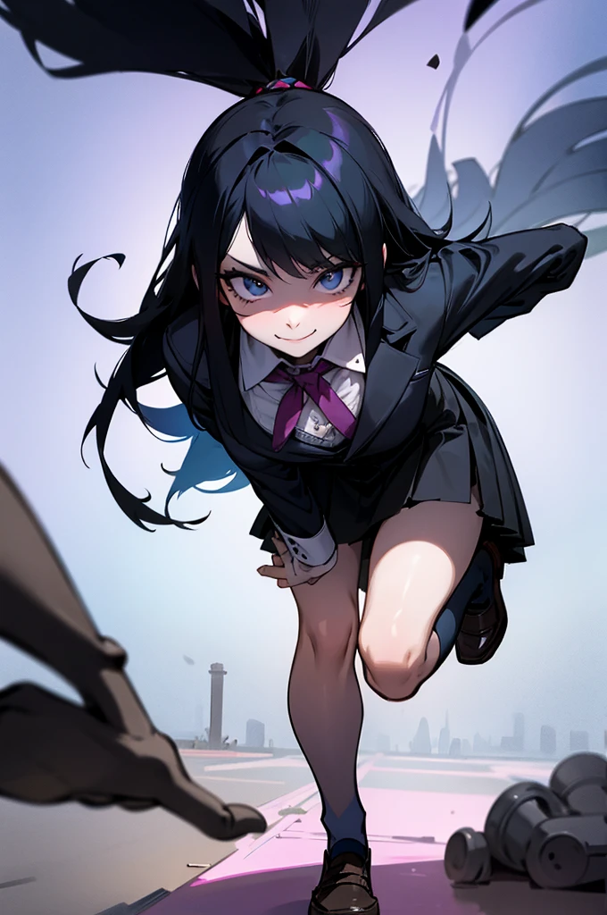 Lydia, a 6 foot tall female student with long black hair and a  with a very short skirt, pushes Tom, a nerd, to the ground in the school yard. with a malicious smile, place your right foot on your chest, pressing lightly