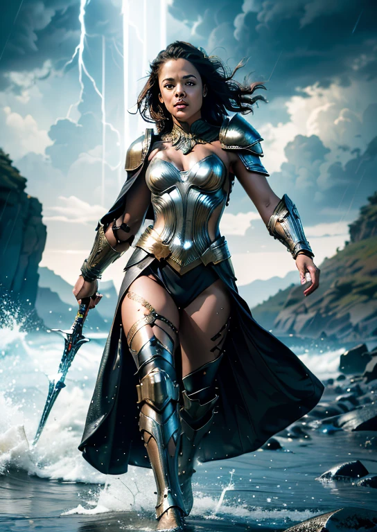 ((masterpiece)), (best quality), perfect anatomy, highres, detailed, (8k), photorealistic, best quality, ultra highres, ((detailed face)), a Realistic full body portrait of  Tessa Thompson as Thor God Of Thunder in the iconic outfit from the Avengers Movies and MCU The costume depicted in the image is a meticulously crafted suit of armor, predominantly silver with black detailing. It features:

Chest Plate: Embellished with circular, Norse-inspired motifs.
Shoulder Armor: Layered metal pieces symbolize strength.
Arm Coverage: Chainmail textures suggest flexibility and defense.
Cape: A flowing red cape adds a majestic element. , wielding the mighty hammer above her head in a raging thunder storm waves crashing against the rocks in the background