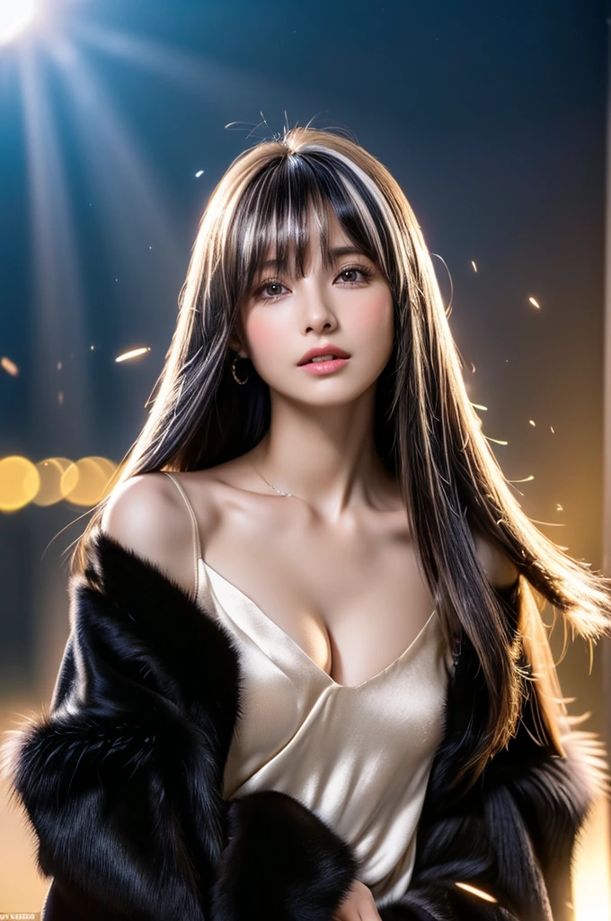 ((masterpiece:1.5、8k、Tabletop、Photorealistic and very detailed CG、Very detailed、Particle Effects、Dynamic Effects、Shallow depth of field、Cinematic Light、Lens flare、Ray Tracing、Tabletop、Realistic:1.4、Ultra-high resolution:1.2、Realistic、Realistic))((alone、,A woman wearing a black fur coat over an off-the-shoulder sweater:1.4、Elegant woman posing、Detailed face、brightexpression、young, bright, Whiter skin、medium breasts、Beautiful cleavage、Best Looks、ASİAN、Ultimate beauty、bright and shiny hair,、Super long, Silky straight hair、Hair dancing in the wind))(spectacular night sky、White Nights、Fantastic starry sky)((White hair with shiny highlights))
