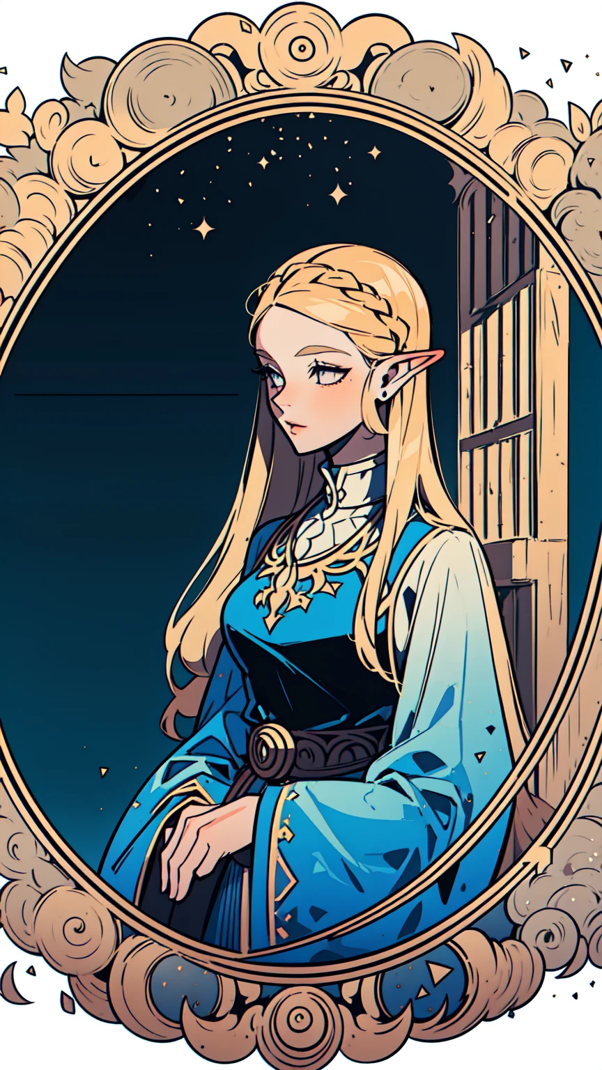 (portrait),a beautiful princess zelda, detailed intricate dress, detailed face, detailed eyes, detailed lips, long flowing hair, serene expression, (background) in a magnificent castle interior
