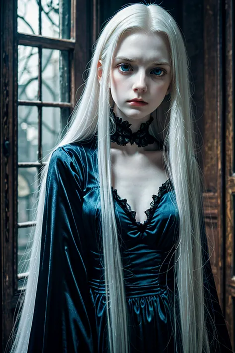 a woman with long white hair and blue eyes ,pale skin,expression of sadness ,black victorian dress ,open neckline,long breasts,i...