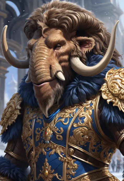 a humanoid creature that looks like a cross between a woolly mammoth and a dragon. wearing a very nice outfit designed for a pri...