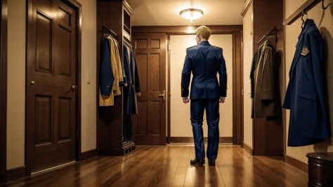 a handsome blond guy, 17 years old, looks at the ceremonial officer's uniform of a "navy seal" with awards, which hangs on a sui...