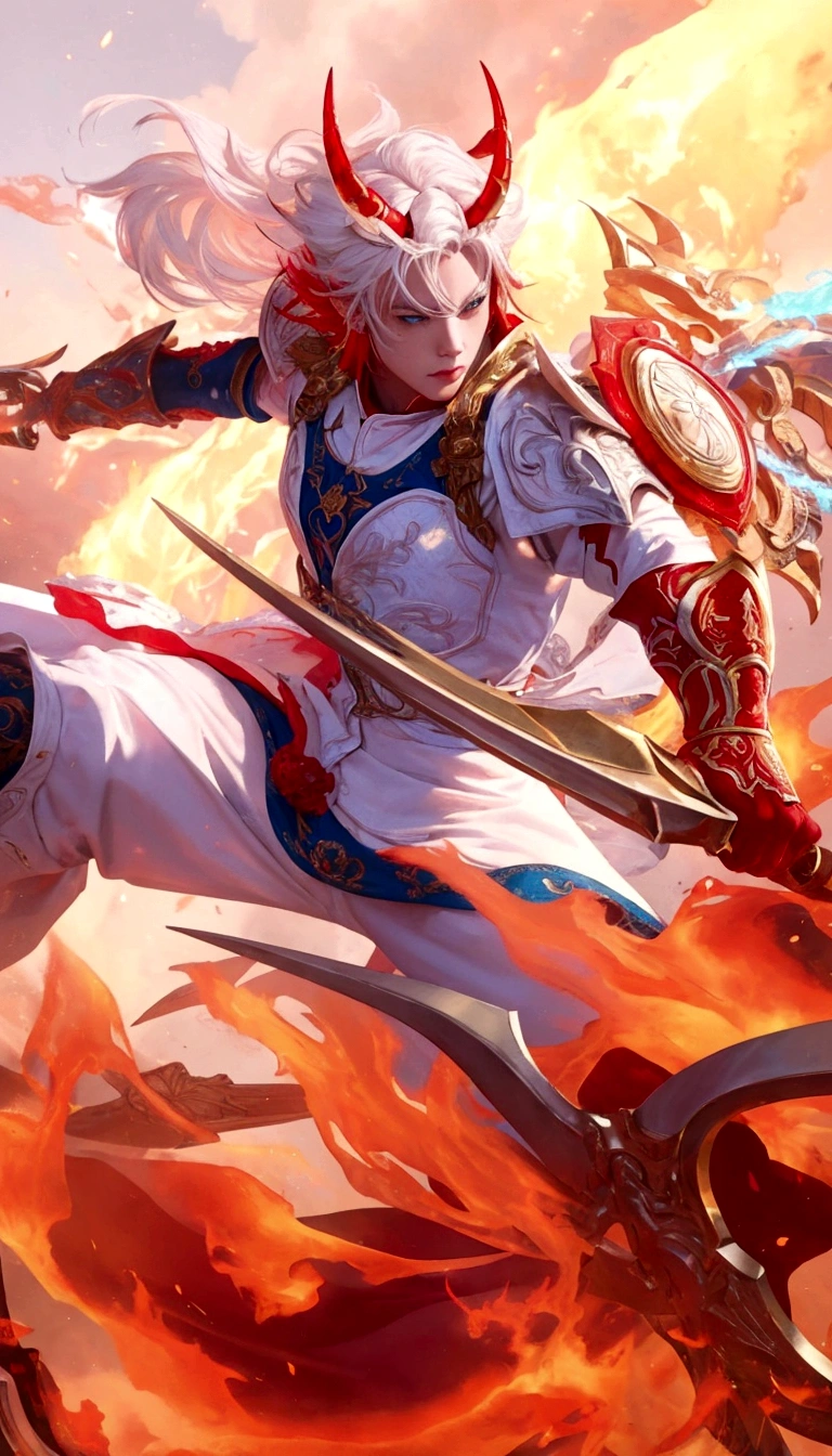 Enhance the clarity and sharpness of this character illustration. The character has white hair with red horns and is dressed in a detailed white and blue outfit with red and gold armor. The character wields a large, ornate weapon surrounded by vibrant flames. Improve the overall sharpness, making the colors more vivid and the textures more detailed, while preserving the dynamic and vibrant atmosphere of the scene