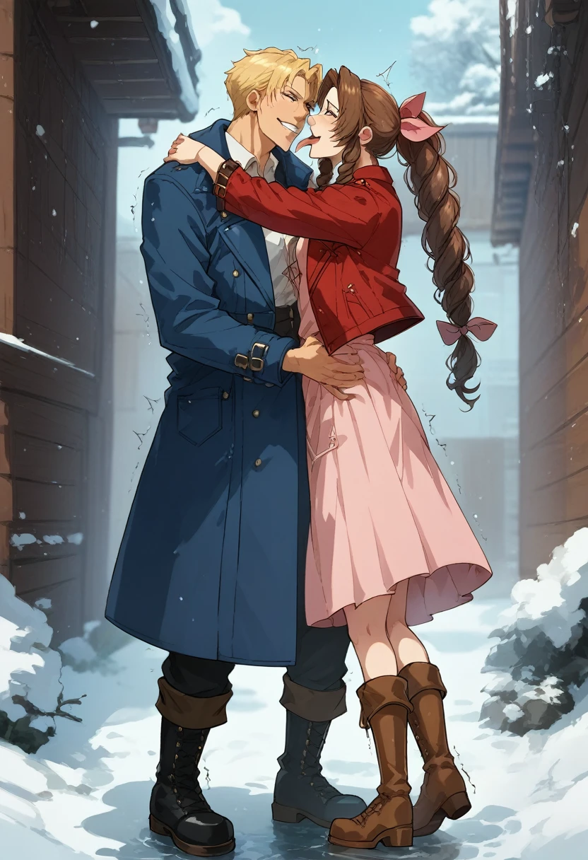 Aerith in a long coat and boots、Snow is piled up、Standing upright, trembling with an ahegao face, incontinent、My skirt and boots are wet with pee、Smirk、Long Tongue、Rolling up the whites of one&#39;s eyes、Wide-open eyes、Mouth wide open with tongue sticking out、(10 Hearts)、Herahela、Looks happy、Drunk