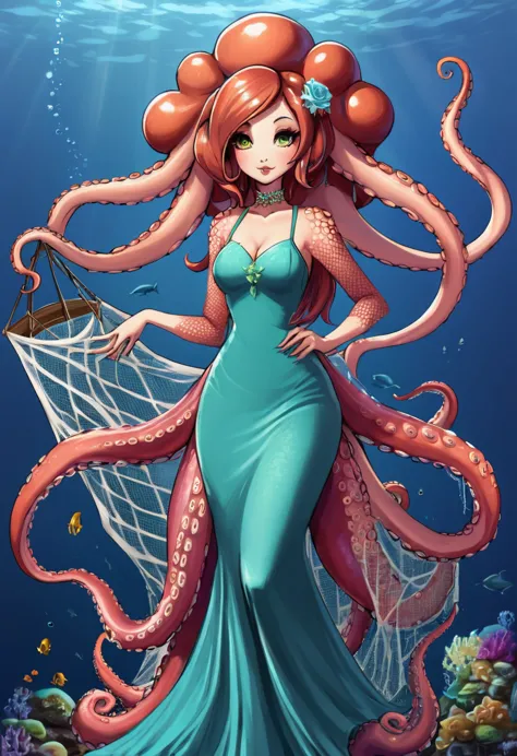 Octogirl, a beautiful Octopus women hybrid. Long limbs, Tentacles for hair. wearing a dress made of fishing nets.