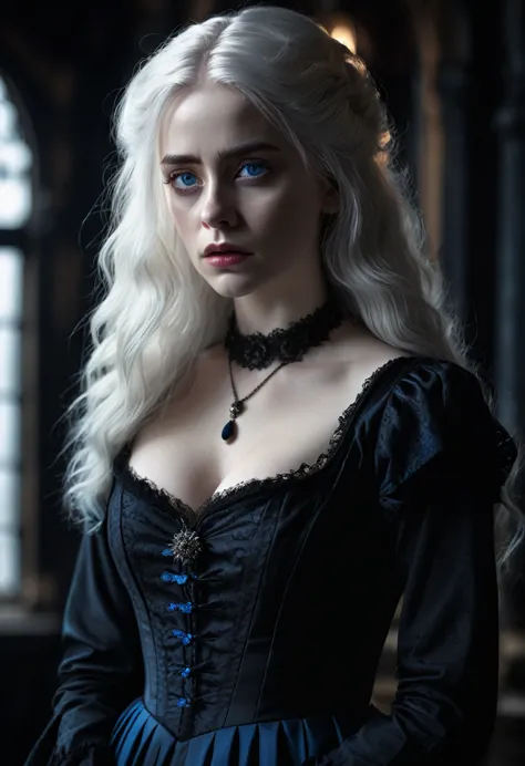 a pale woman with long white hair and blue eyes, sad expression, wearing a black victorian dress with a low neckline and long br...