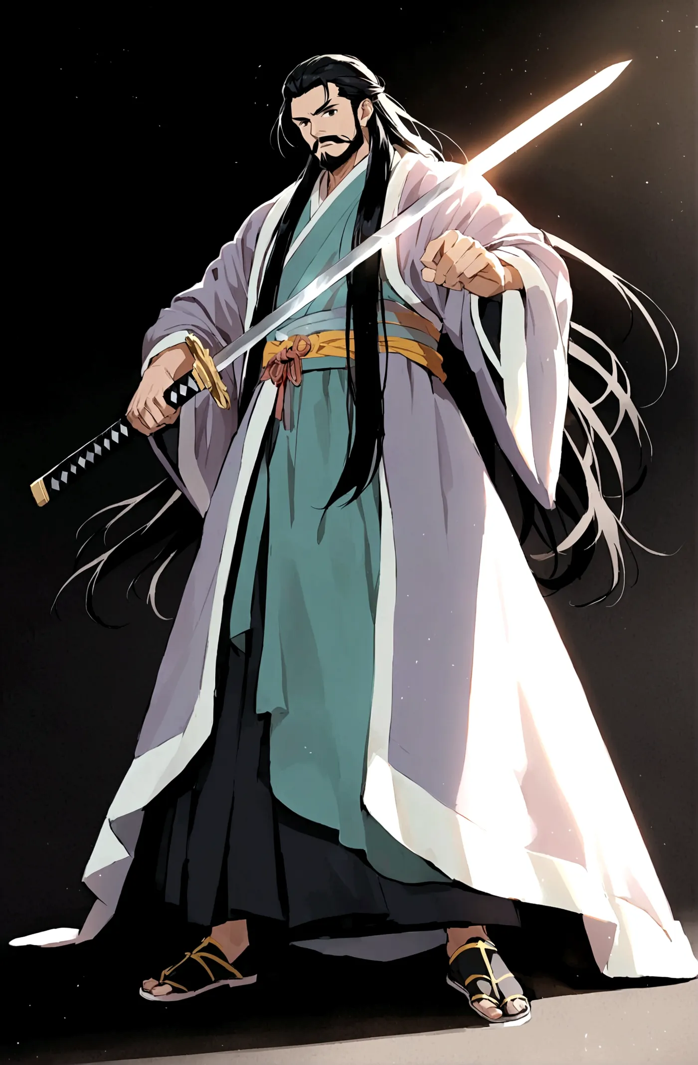 solo, looking at viewer, simple background, black hair, long hair,1boy, holding, standing, full body, weapon, male focus, hanfu,...