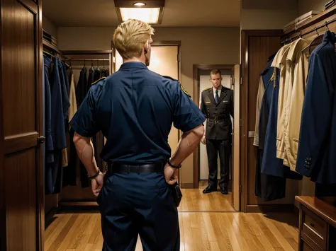 a handsome blond guy, 17 years old, looks at the ceremonial officer's uniform of a "navy seal" with awards, which hangs on a sui...