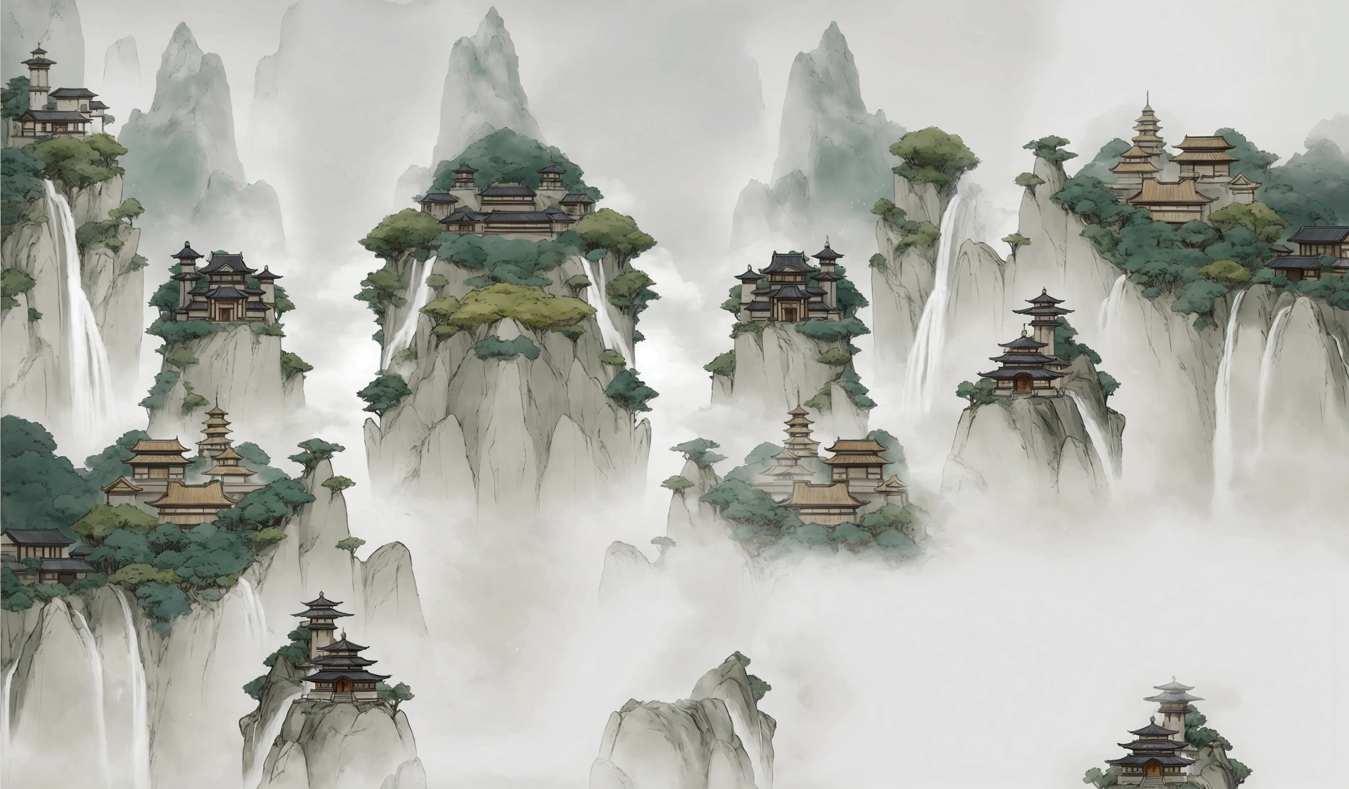 image arafée d&#39;une montagne avec une pagode et une cascade, terres flottantes dans les nuages, art détaillé d&#39;onmyoji, montagnes flottantes, fond de temple, zen fond de temple, dojo sur une montagne, art conceptuel de paysages d’anime, paysage de la ville antique, paysage d&#39;avatar, art de fond, pagodes sur les collines, paysage animé, légende du décor de korra