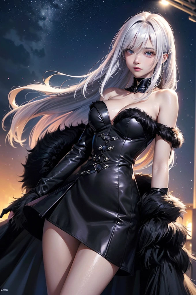 ((masterpiece:1.5、8k、Tabletop、Photorealistic and very detailed CG、Very detailed、Particle Effects、Dynamic Effects、Shallow depth of field、Cinematic Light、Lens flare、Ray Tracing、Tabletop、Realistic:1.4、Ultra-high resolution:1.2、Realistic、Realistic))((alone、,A woman wearing a black fur coat over an off-the-shoulder sweater:1.4、Elegant and sexy woman、Detailed face、brightexpression、young, bright, Whiter skin、medium breasts、Beautiful cleavage、Best Looks、ASİAN、Ultimate beauty、bright and shiny hair,、Super long, Silky straight hair、Hair dancing in the wind))(spectacular night sky、White Nights、Fantastic starry sky)((White hair with shiny highlights))
