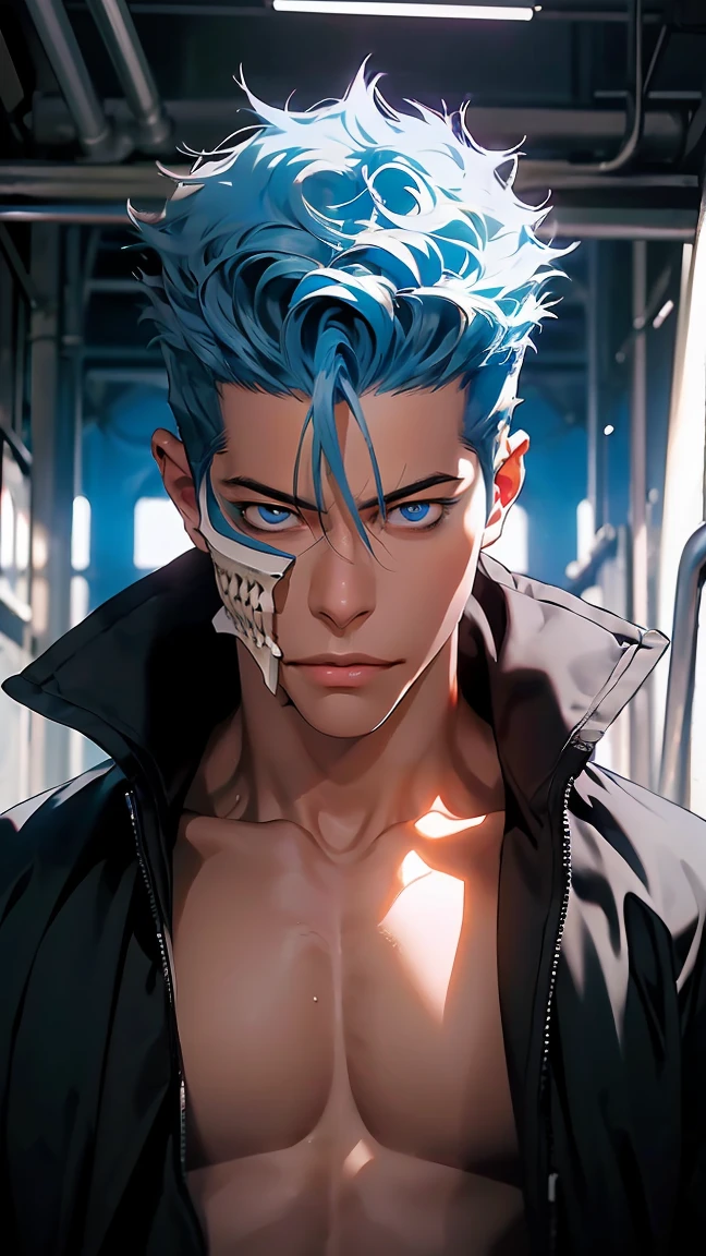 highest quality, 8K, high resolution image, anime style Jujutsu Kaisen, (Grimmjow Jaegerjaquez | Bleach), swordmaster, detailed strokes, bored look , blurred, purple light reflecting from it, 1 man, young, male, model, hand in pocket, cool guy, multicolored Background with various geometric shapes, around stickers, muscular, blue hair, blue eyes, blue hair, hair between eyes, highlighted hair ,swollen chest, black Jacket, sweatpants, Background: big City, he's in a sports station, there are sports fans everywhere,