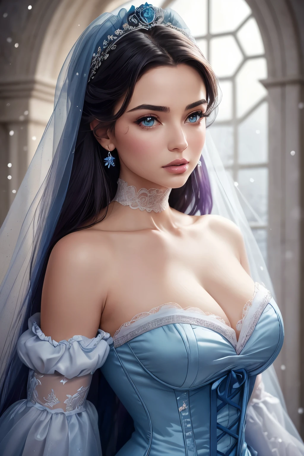 This is realistic (((Fantasies))) The artwork is set in the frozen rose garden of an enchanted ice castle in winter and must consist of many cool shades of blue. it is snowing a lot. Create a proud woman with a (((Rosto muito detalhado))) dressed in the folds of a dazzling French silk ball gown. The woman’s elegant face is ((((muito detalhado, with realistic and smooth features, puffy lips.)))) The ball gown is decorated with ruffles, Sense, and bows and a, but in itself, Hand-embroidered bodice. The corset is provided with a silk ribbon. She wears Victorian royal winter outerwear.. The woman's stunning eyes are beautifully detailed, with realistic shading and multiple colors, and in high resolution. The woman is in a garden of eternal roses, cada um lindamente formado e muito detalhado. These realistic roses feature shimmering light blue tones, dunkelblau, talking, and shimmering blue-violet. The eternal rose is a deep evergreen shade with shimmering, shimmering tones and undertones. Make sure, that the woman&#39;s face, balck hair, and the eyes are perfect. 真实感, high Fantasiess, Fantasies caprichosa, Storybook fantasys, Fantasies de conto de fadas, Fantasy Detailss, magical, magical, 8K, Rent, .cgi, Digital Color, Unity, unreal engine, (((Masterpiece))), complicated, elegant, muito detalhado, majestic, digital photography, Art by Artgerm and Ruan Jia and Greg Rutkowski, (Masterpiece, Beautiful, finely detailed eyes: 1.2), HDR, realistic skin texture, (((1woman))), (((alone))), Inclua um rosto muito detalhado, extremely detailed face, and interesting background.