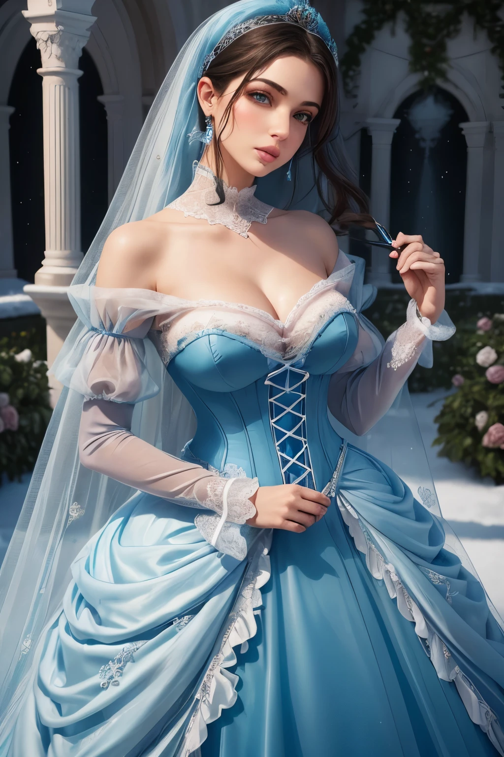 This is realistic (((Fantasies))) The artwork is set in the frozen rose garden of an enchanted ice castle in winter and must consist of many cool shades of blue. it is snowing a lot. Create a proud woman with a (((Rosto muito detalhado))) dressed in the folds of a dazzling French silk ball gown. The woman’s elegant face is ((((muito detalhado, with realistic and smooth features, puffy lips.)))) The ball gown is decorated with ruffles, Sense, and bows and a, but in itself, Hand-embroidered bodice. The corset is provided with a silk ribbon. She wears Victorian royal winter outerwear.. The woman's stunning eyes are beautifully detailed, with realistic shading and multiple colors, and in high resolution. The woman is in a garden of eternal roses, cada um lindamente formado e muito detalhado. These realistic roses feature shimmering light blue tones, dunkelblau, talking, and shimmering blue-violet. The eternal rose is a deep evergreen shade with shimmering, shimmering tones and undertones. Make sure, that the woman&#39;s face, balck hair, and the eyes are perfect. 真实感, high Fantasiess, Fantasies caprichosa, Storybook fantasys, Fantasies de conto de fadas, Fantasy Detailss, magical, magical, 8K, Rent, .cgi, Digital Color, Unity, unreal engine, (((Masterpiece))), complicated, elegant, muito detalhado, majestic, digital photography, Art by Artgerm and Ruan Jia and Greg Rutkowski, (Masterpiece, Beautiful, finely detailed eyes: 1.2), HDR, realistic skin texture, (((1woman))), (((alone))), Inclua um rosto muito detalhado, extremely detailed face, and interesting background.