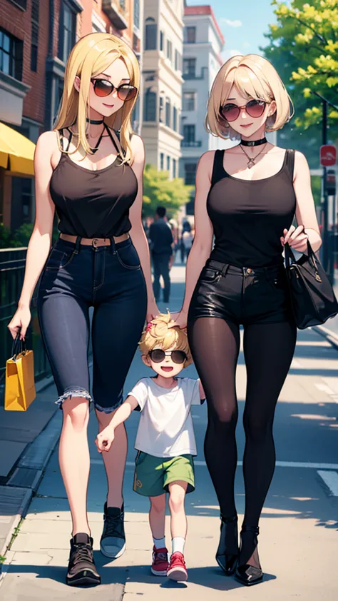 two sexy women walking and  looking down at 4 years old boy with blonde hair and shorts, women touch boy's head, women have flir...