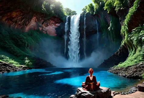 a picture of a (female monk: 1.2) sitting and meditating near a waterfall, at the base of the waterfall,  there is a human woman...