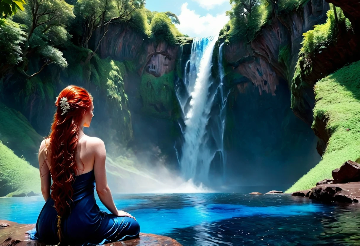 a picture of a (female monk: 1.2) sitting and meditating near a waterfall, at the base of the waterfall,  there is a human woman monk wearing monk garbs, meditating near a bonfire near an (epic sized waterfall: 1.3), red hair, long hair, full body (best details, Masterpiece, best quality :1.5), ultra detailed face (best details, Masterpiece, best quality :1.5), ultra feminine (best details, Masterpiece, best quality :1.5), exquisite beautiful (best details, Masterpiece, best quality :1.5) red hair, long hair, wavy hair, pale skin, blue eyes, intense eyes, water coming down from a volcanic cliff, multi level water falls, several pools created in different levels, forming new waterfalls, water cascading into a (large lava pool: 1.3) steam rising, clear water in many hues of blue and azure, fantasy art, photorealistic, D&D art, ultra best realistic, best details, best quality, 16k, [ultra detailed], masterpiece, best quality, (extremely detailed), ultra wide shot, photorealism, depth of field, hyper realistic painting, faize, perfecteyes, drkfntasy