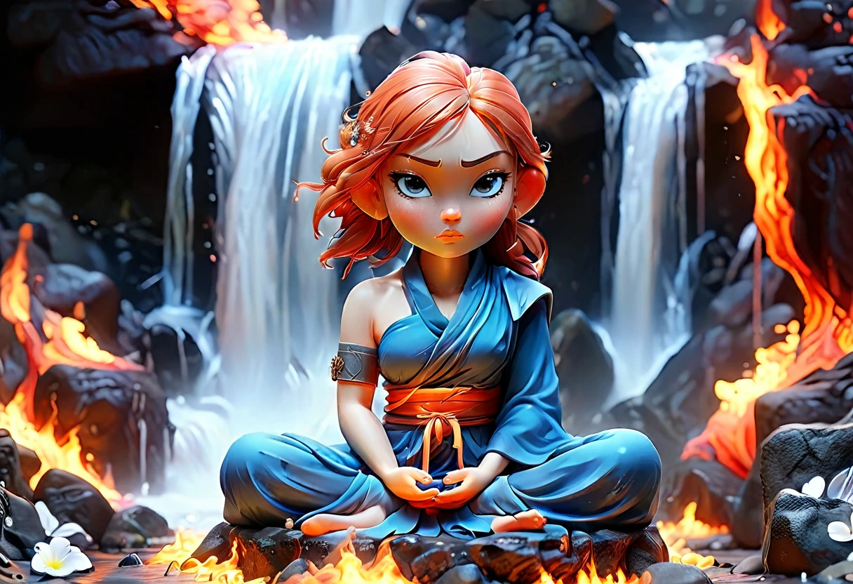 a picture of a (female monk: 1.2) sitting and meditating near a waterfall, at the base of the waterfall,  there is a human woman monk wearing monk garbs, meditating near a bonfire near an (epic sized waterfall: 1.3), red hair, long hair, full body (best details, Masterpiece, best quality :1.5), ultra detailed face (best details, Masterpiece, best quality :1.5), ultra feminine (best details, Masterpiece, best quality :1.5), exquisite beautiful (best details, Masterpiece, best quality :1.5) red hair, long hair, wavy hair, pale skin, blue eyes, intense eyes, water coming down from a volcanic cliff, multi level water falls, several pools created in different levels, forming new waterfalls, water cascading into a (large lava pool: 1.3) steam rising, clear water in many hues of blue and azure, fantasy art, photorealistic, D&D art, ultra best realistic, best details, best quality, 16k, [ultra detailed], masterpiece, best quality, (extremely detailed), ultra wide shot, photorealism, depth of field, hyper realistic painting, faize, perfecteyes, drkfntasy