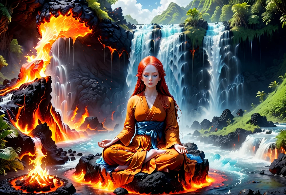 a picture of a (female monk: 1.2) sitting and meditating near a waterfall, at the base of the waterfall,  there is a human woman monk wearing monk garbs, meditating near a bonfire near an (epic sized waterfall: 1.3), red hair, long hair, full body (best details, Masterpiece, best quality :1.5), ultra detailed face (best details, Masterpiece, best quality :1.5), ultra feminine (best details, Masterpiece, best quality :1.5), exquisite beautiful (best details, Masterpiece, best quality :1.5) red hair, long hair, wavy hair, pale skin, blue eyes, intense eyes, water coming down from a volcanic cliff, multi level water falls, several pools created in different levels, forming new waterfalls, water cascading into a (large lava pool: 1.3) steam rising, clear water in many hues of blue and azure, fantasy art, photorealistic, D&D art, ultra best realistic, best details, best quality, 16k, [ultra detailed], masterpiece, best quality, (extremely detailed), ultra wide shot, photorealism, depth of field, hyper realistic painting, faize, perfecteyes, drkfntasy